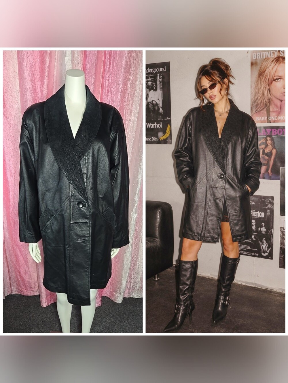 Preston & York Black Y2K Embossed Oversized Mob Boss Leather Jacket Size Large